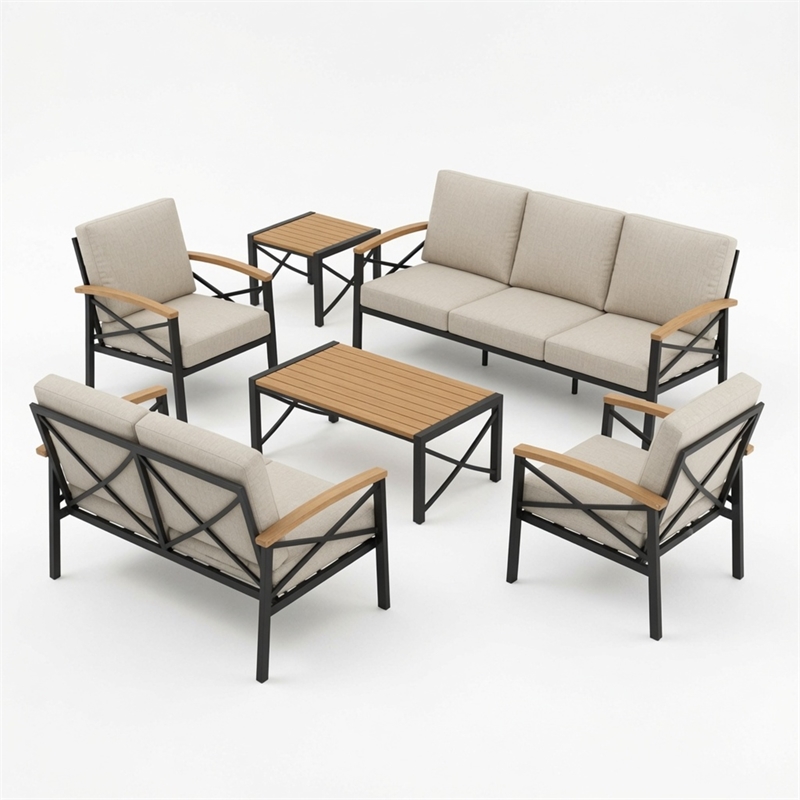6-Piece Metal Patio Furniture Set - 7-Seat All-Weather Conversation - Beige
