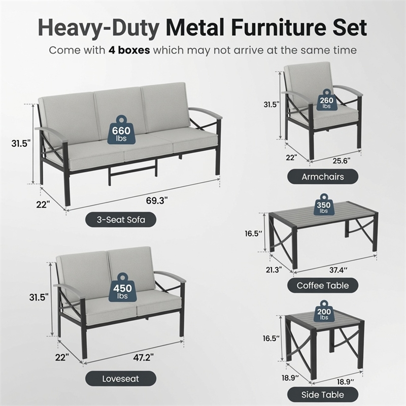 6-Piece Metal Patio Furniture Set - 7-Seat All-Weather Conversation - Beige