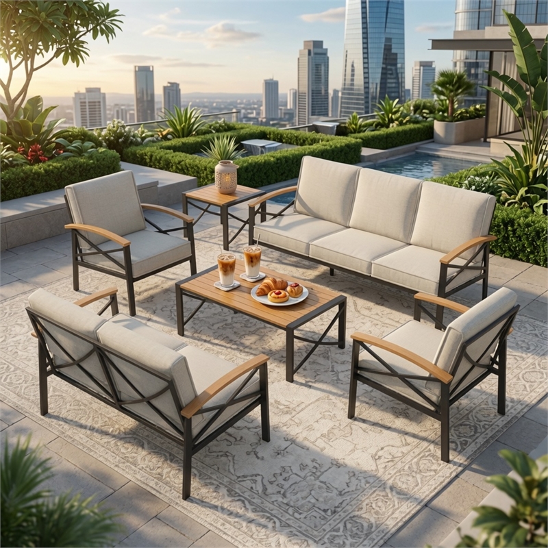 6-Piece Metal Patio Furniture Set - 7-Seat All-Weather Conversation - Beige