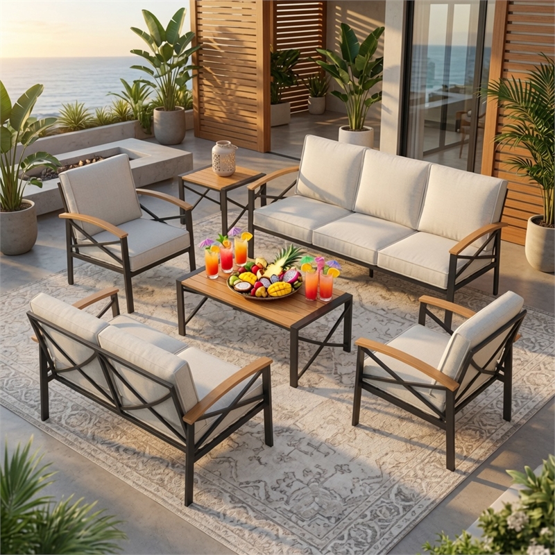 6-Piece Metal Patio Furniture Set - 7-Seat All-Weather Conversation - Beige