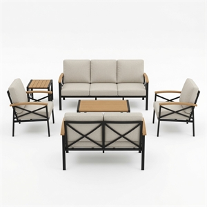 6-Piece Metal Patio Furniture Set - 7-Seat All-Weather Conversation - Beige
