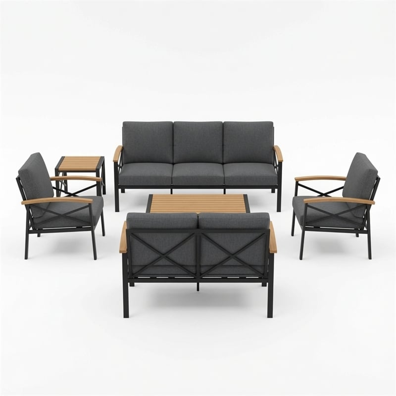 6-Piece Metal Patio Furniture Set - 7-Seat All-Weather Conversation - Gray