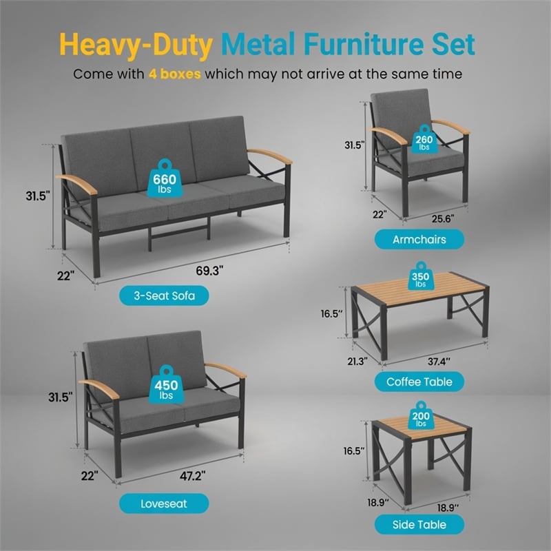 6-Piece Metal Patio Furniture Set - 7-Seat All-Weather Conversation - Gray