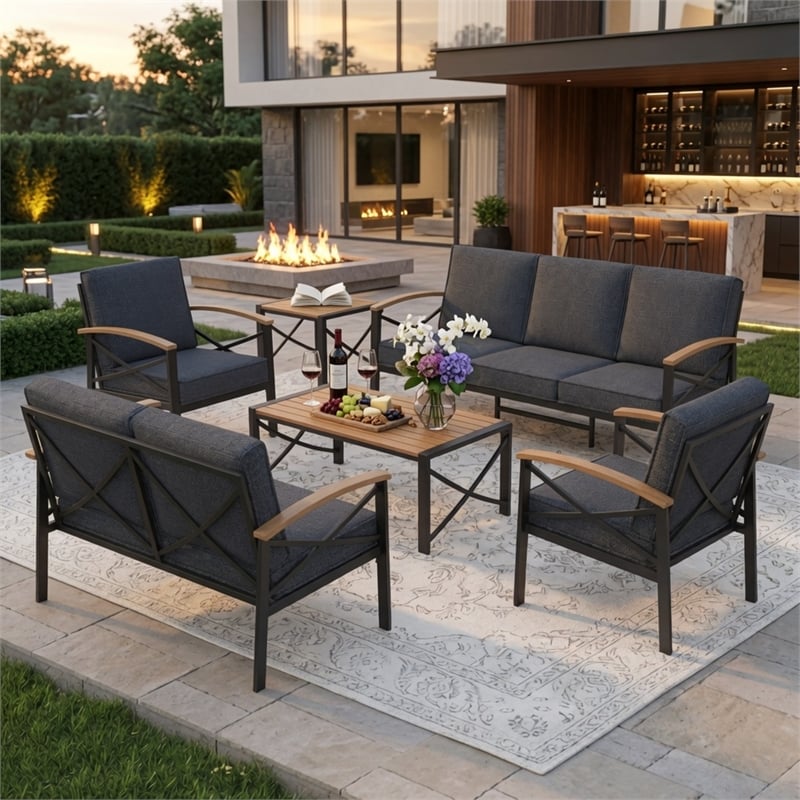 6-Piece Metal Patio Furniture Set - 7-Seat All-Weather Conversation - Gray