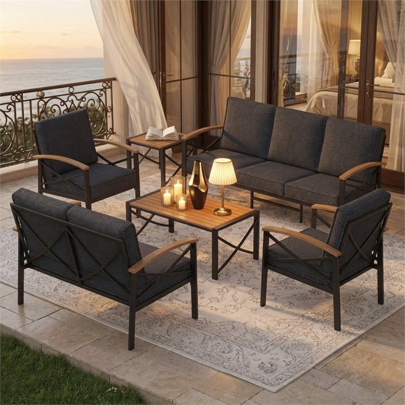 6-Piece Metal Patio Furniture Set - 7-Seat All-Weather Conversation - Gray