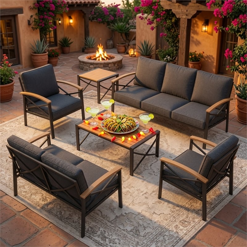6-Piece Metal Patio Furniture Set - 7-Seat All-Weather Conversation - Gray
