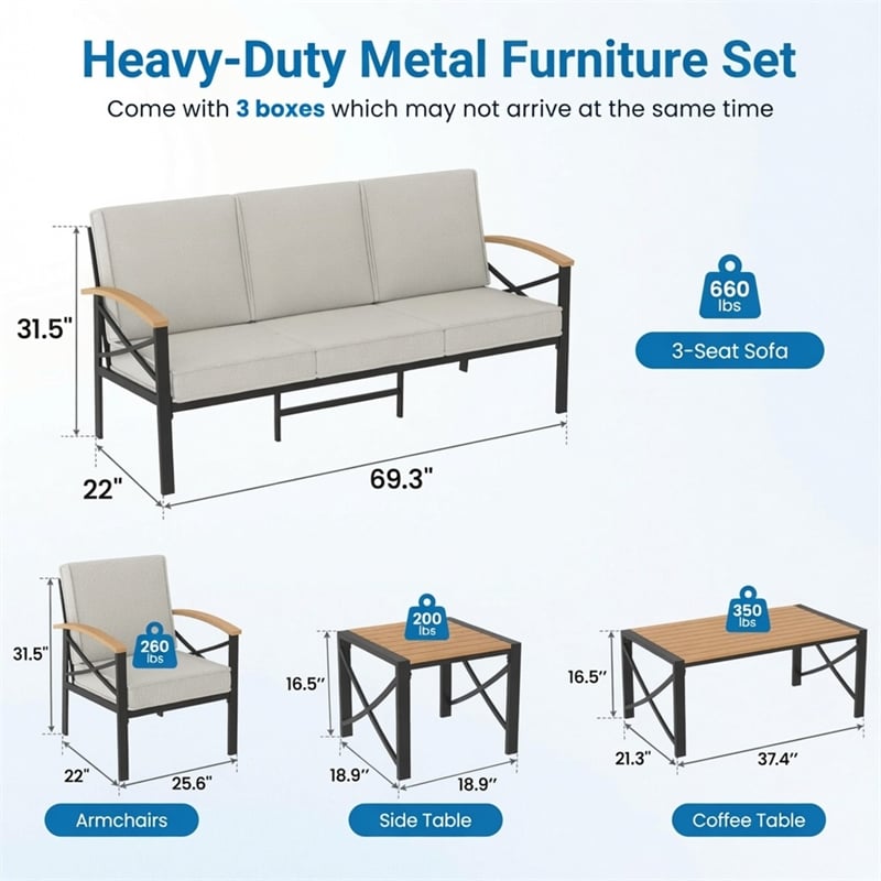 5-Piece Metal Patio Furniture Set - 5-Seat All-Weather Conversation - Brown