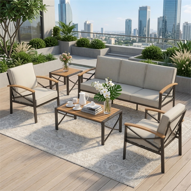 5-Piece Metal Patio Furniture Set - 5-Seat All-Weather Conversation - Brown
