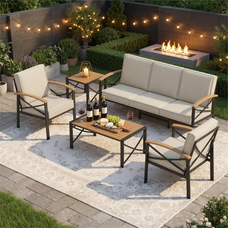 5-Piece Metal Patio Furniture Set - 5-Seat All-Weather Conversation - Brown