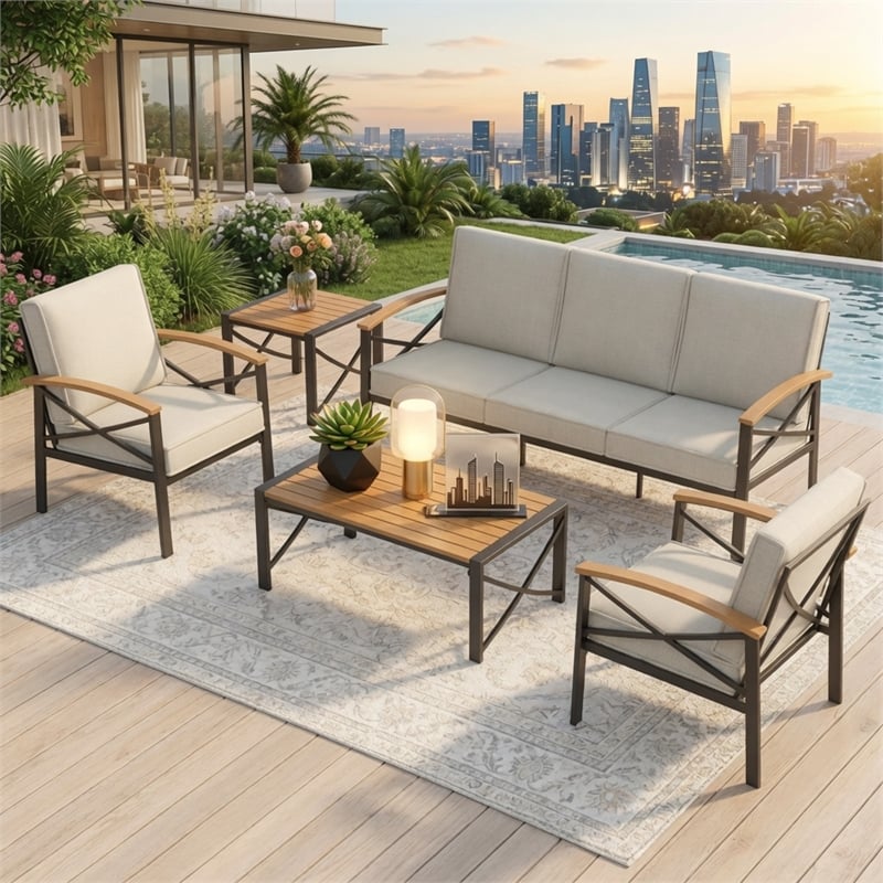 5-Piece Metal Patio Furniture Set - 5-Seat All-Weather Conversation - Brown