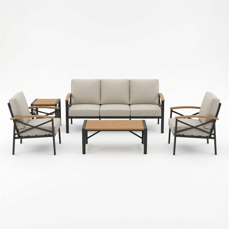 5-Piece Metal Patio Furniture Set - 5-Seat All-Weather Conversation - Brown