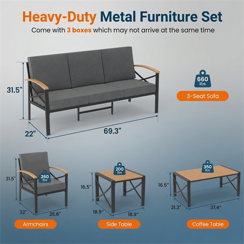 5-Piece Metal Patio Furniture Set - 5-Seat All-Weather (Black Frame)