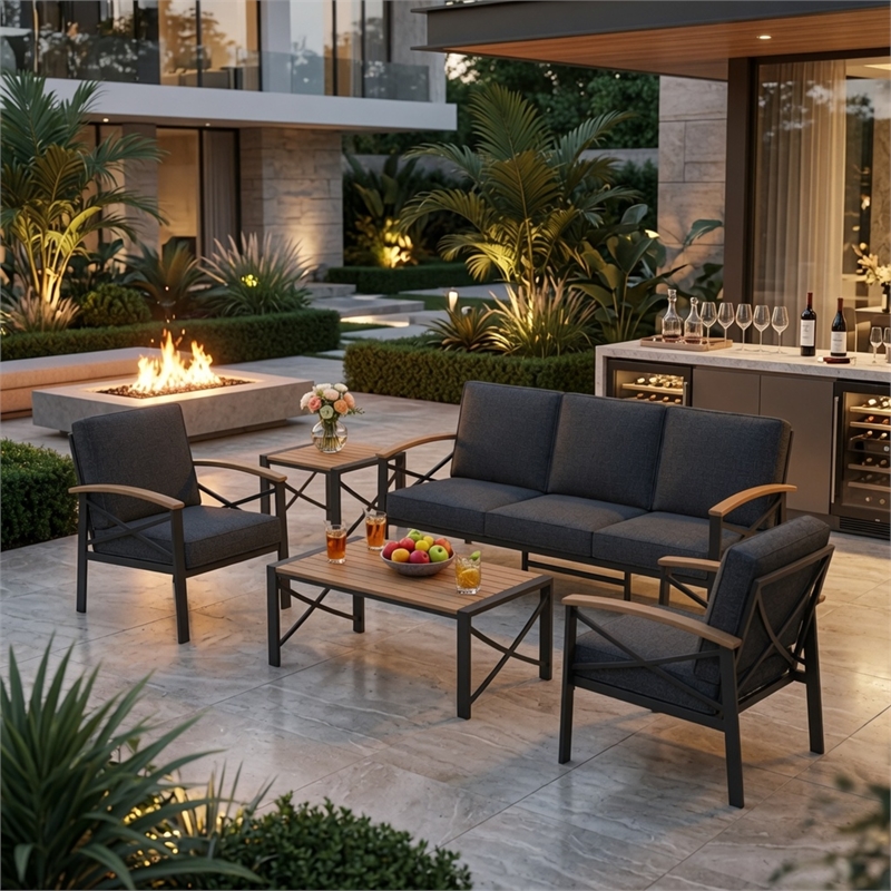 5-Piece Metal Patio Furniture Set - 5-Seat All-Weather (Black Frame)