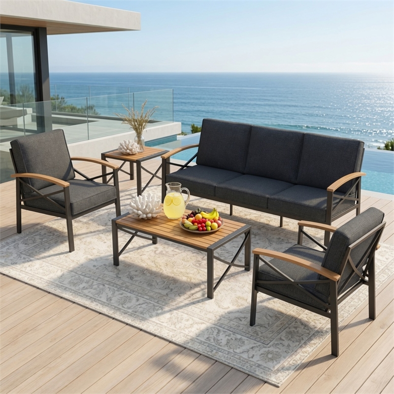 5-Piece Metal Patio Furniture Set - 5-Seat All-Weather (Black Frame)