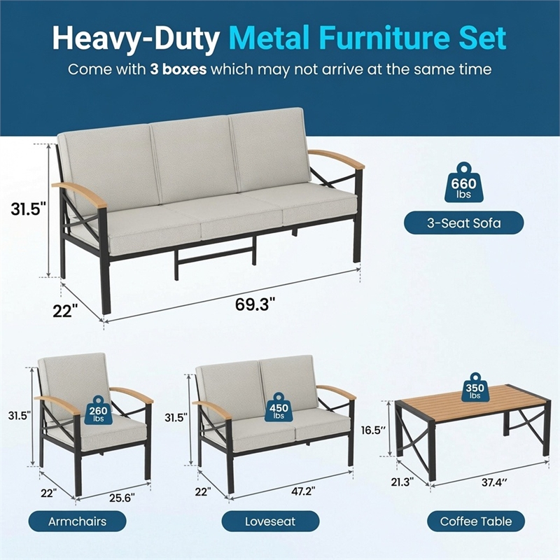 5-Piece Metal Patio Furniture Set - 7-Seat All-Weather Conversation - Brown