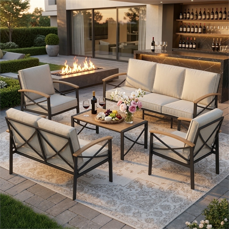 5-Piece Metal Patio Furniture Set - 7-Seat All-Weather Conversation - Brown
