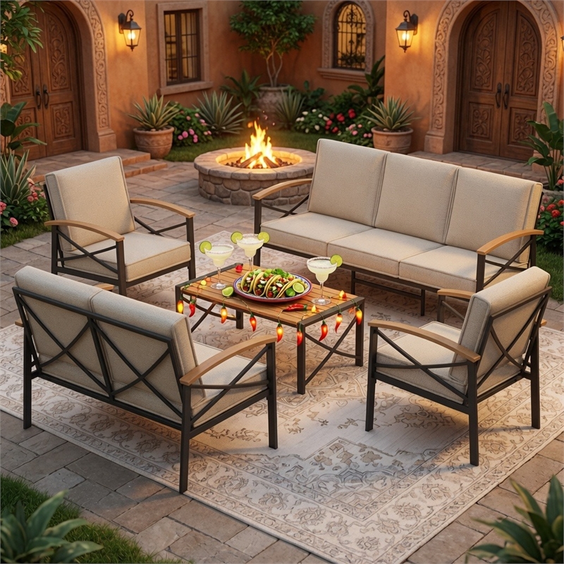 5-Piece Metal Patio Furniture Set - 7-Seat All-Weather Conversation - Brown