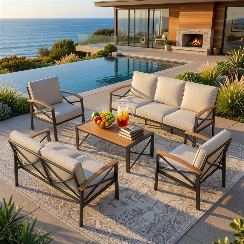 5-Piece Metal Patio Furniture Set - 7-Seat All-Weather Conversation - Brown