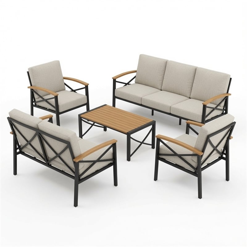 5-Piece Metal Patio Furniture Set - 7-Seat All-Weather Conversation - Brown