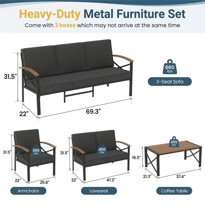 5-Piece Metal Patio Furniture Set - 7-Seat All-Weather Conversation - Gray