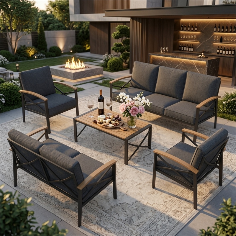 5-Piece Metal Patio Furniture Set - 7-Seat All-Weather Conversation - Gray