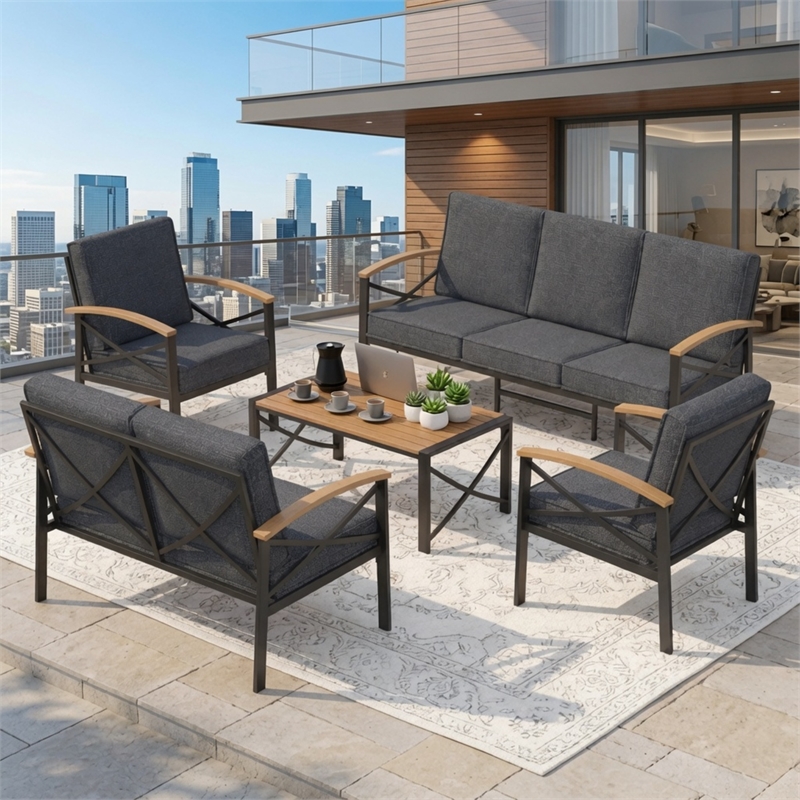 5-Piece Metal Patio Furniture Set - 7-Seat All-Weather Conversation - Gray