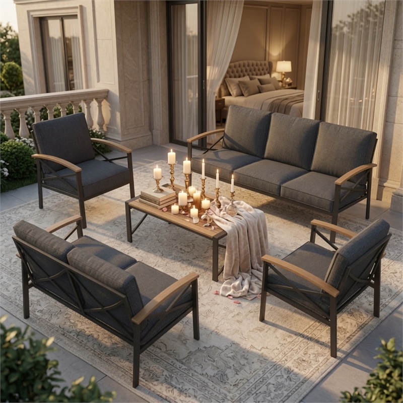 5-Piece Metal Patio Furniture Set - 7-Seat All-Weather Conversation - Gray