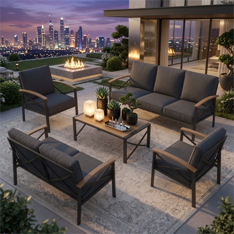 5-Piece Metal Patio Furniture Set - 7-Seat All-Weather Conversation - Gray