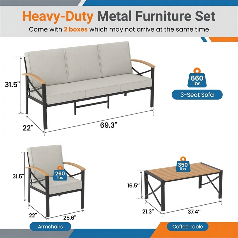 4-Piece Metal Patio Furniture Set - 5-Seat All-Weather Conversation - Brown