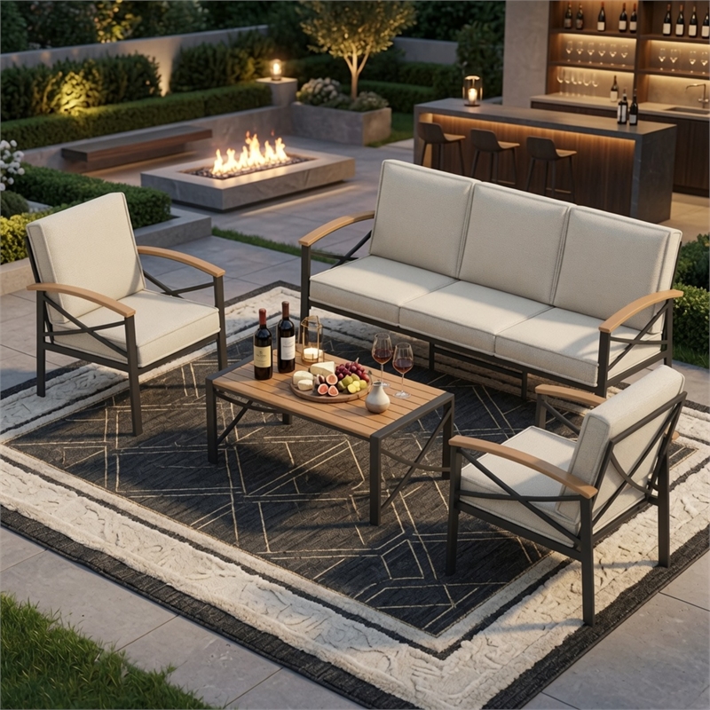 4-Piece Metal Patio Furniture Set - 5-Seat All-Weather Conversation - Brown