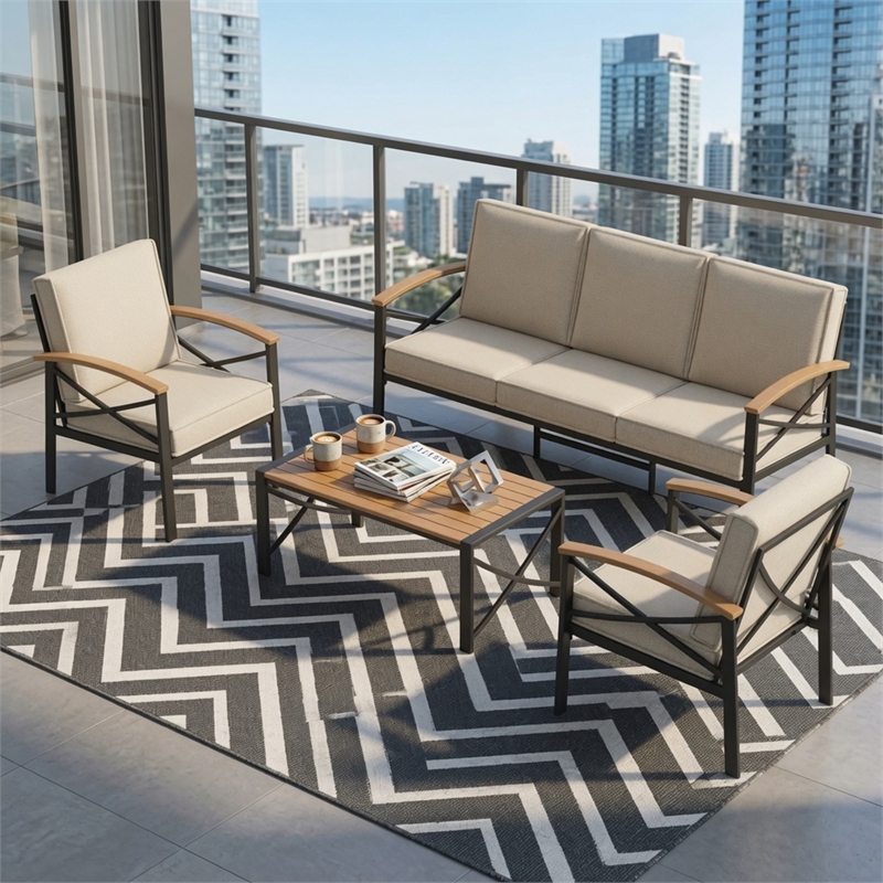 4-Piece Metal Patio Furniture Set - 5-Seat All-Weather Conversation - Brown