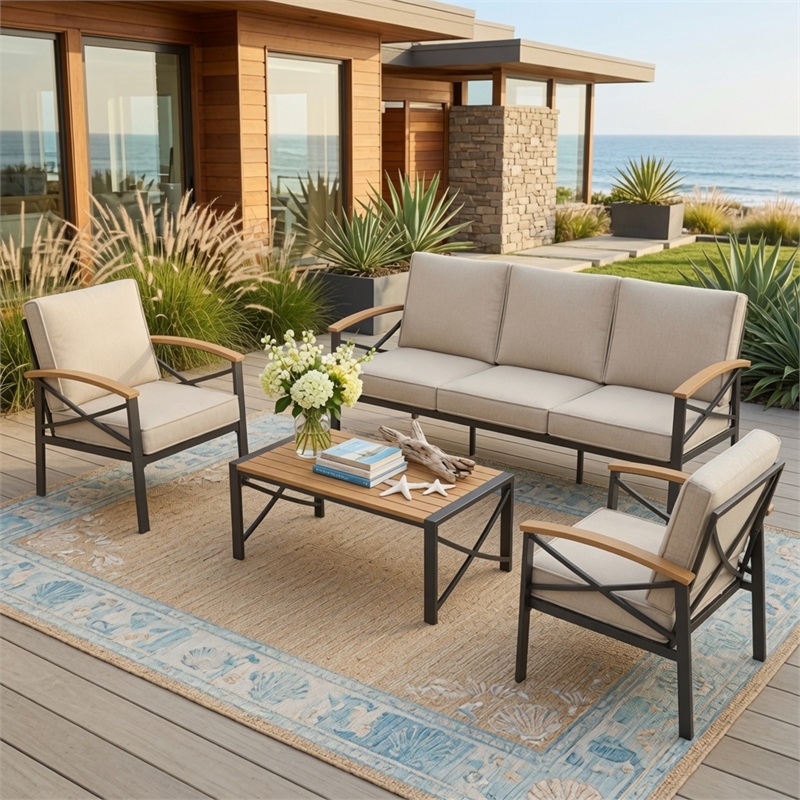 4-Piece Metal Patio Furniture Set - 5-Seat All-Weather Conversation - Brown