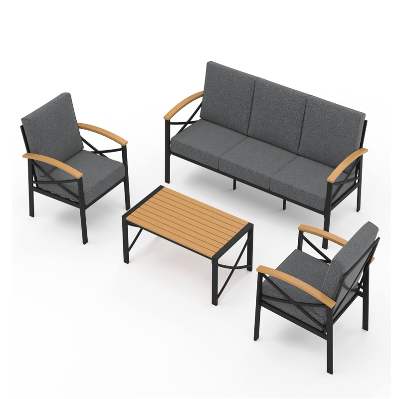 4-Piece Metal Patio Furniture Set - 5-Seat All-Weather Conversation - Gray
