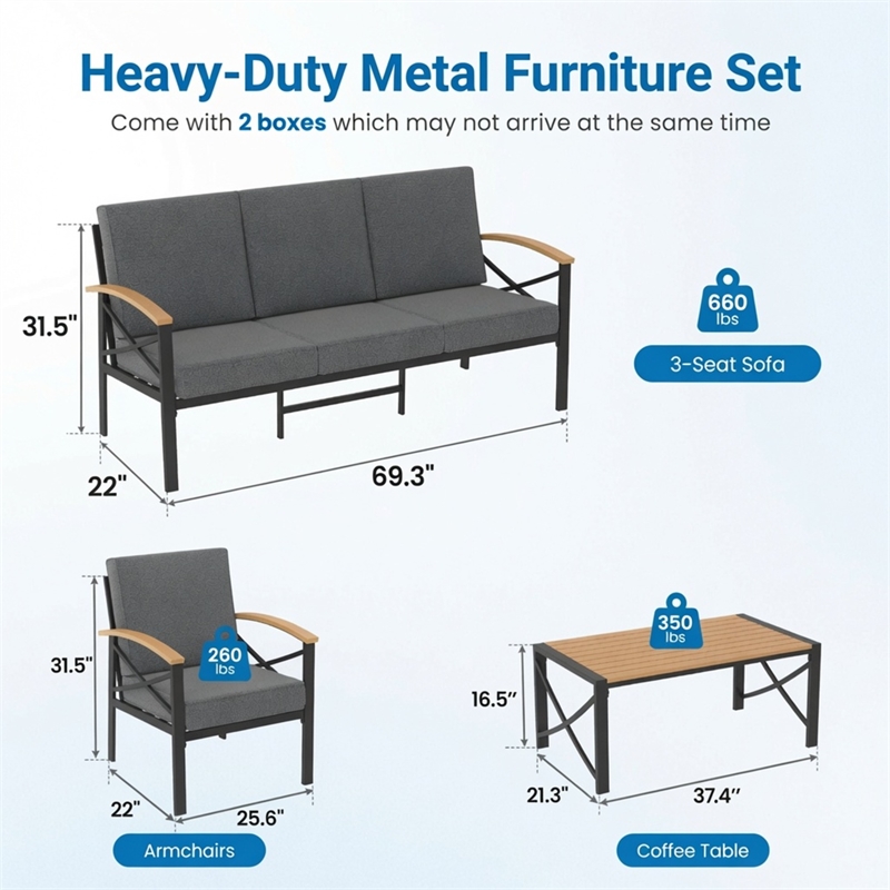4-Piece Metal Patio Furniture Set - 5-Seat All-Weather Conversation - Gray
