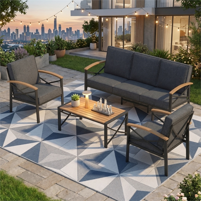 4-Piece Metal Patio Furniture Set - 5-Seat All-Weather Conversation - Gray