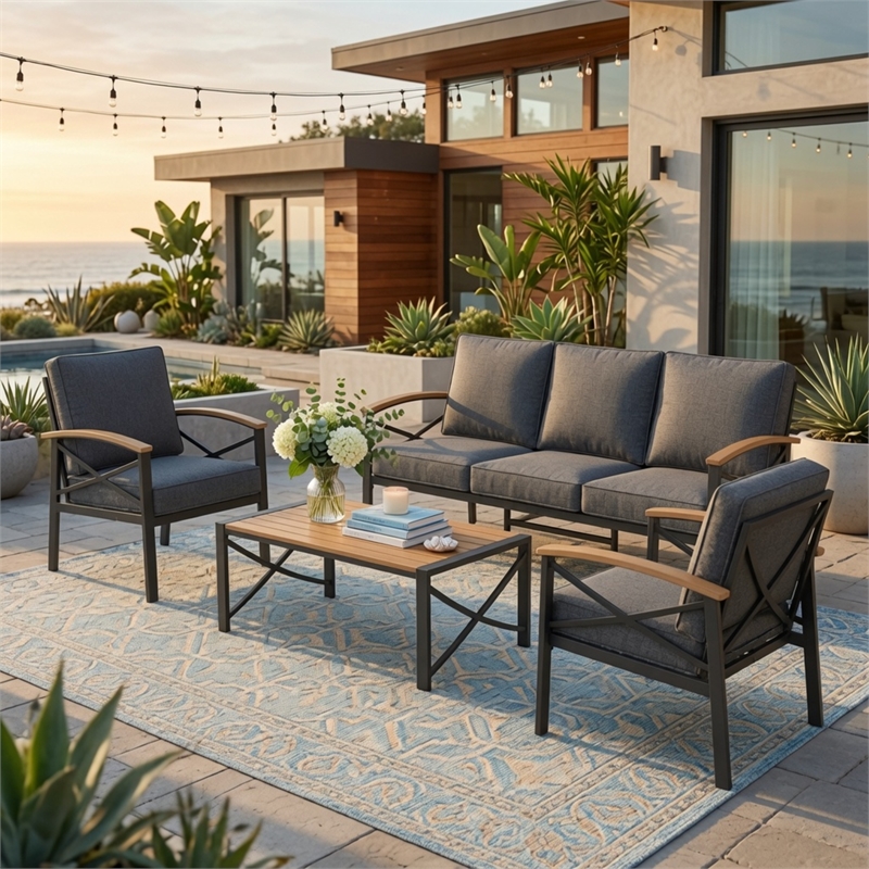 4-Piece Metal Patio Furniture Set - 5-Seat All-Weather Conversation - Gray