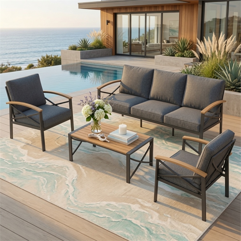 4-Piece Metal Patio Furniture Set - 5-Seat All-Weather Conversation - Gray