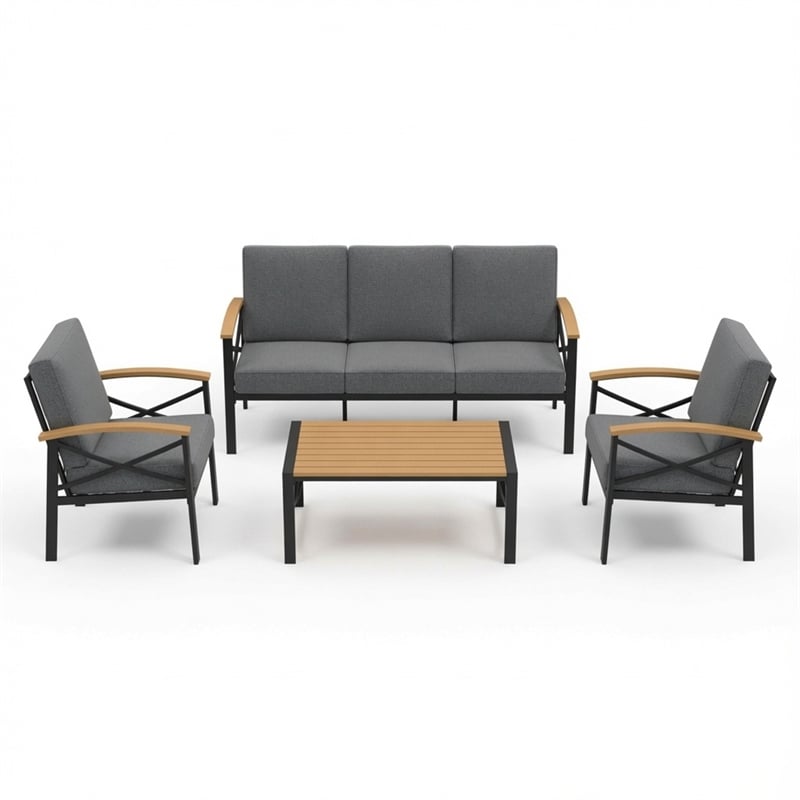 4-Piece Metal Patio Furniture Set - 5-Seat All-Weather Conversation - Gray