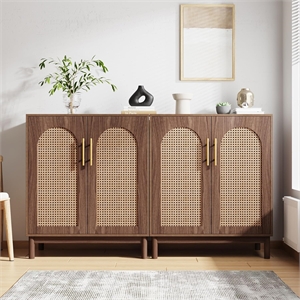 59&quot Rattan Dark Brown Wood Yellow Sideboard Buffet Cabinet Set of 2