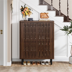 33.46&quot Modern Dark Walnut Wooden 6-Tier Shoe Cabinet with Louvered Doors