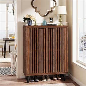 33.46&quot Modern Walnut Wooden 6-Tier Shoe Cabinet with Louvered Doors