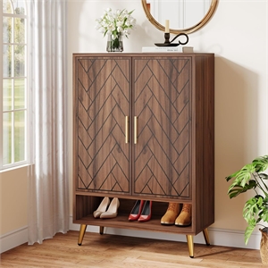 29.52&quot Walnut 6-Tier Wooden Entryway Shoe Storage Cabinet with Doors