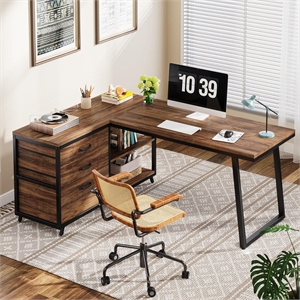 53&quot Reversible L-Shaped Computer Desk with 3 Drawers and Storage Shelves