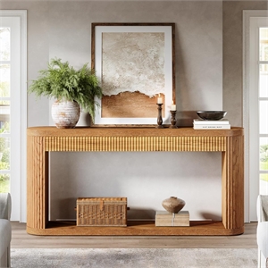 62.99&quot Narrow Brown Fluted Console Table with Storage for Entryway Sofa