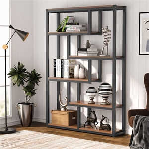 69.29&quot 6-Tier Industrial Dark Walnut Etagere Bookcase with 6 Tier Open