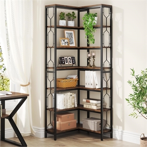 78.74&quot Tall 7-Tier Industrial Rustic Brown Corner Bookshelf Tall Wood