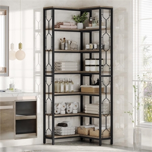 78.74&quot Tall 7-Tier Industrial Grey Corner Bookshelf Tall Wood Metal