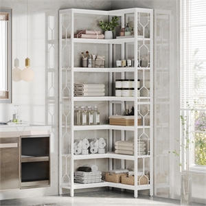 78.74&quot Tall 7-Tier Industrial White Corner Bookshelf Tall Wood Metal
