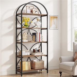 74.8&quot Tall 5-Tier Rustic Brown Arched Industrial Bookshelf Open Display