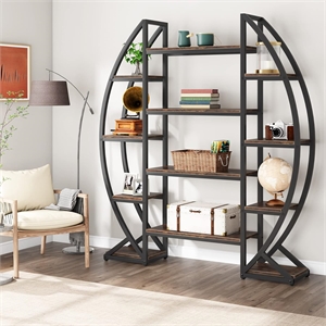 55&quot Triple Wide Oval Industrial Rustic Brown Etagere Bookcase for Office